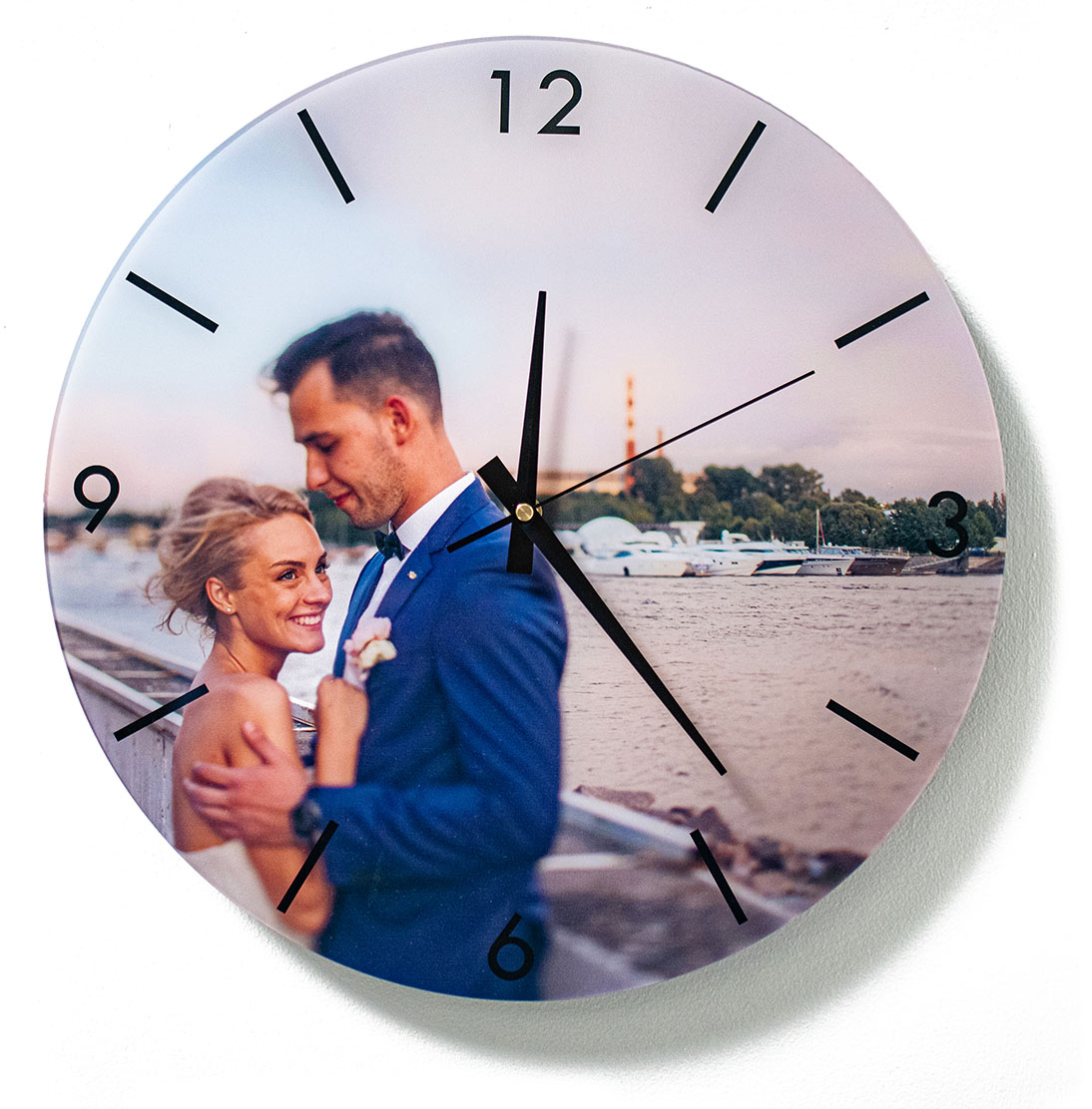 Custom acrylic wall clock with wedding couple photo — personalized gift idea by PrintMyJourney