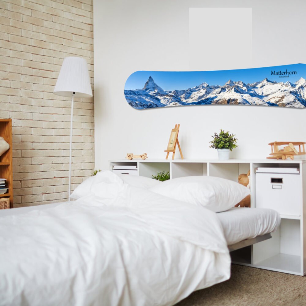 Interior of bedroom in modern flat or house with a switzerland landscape