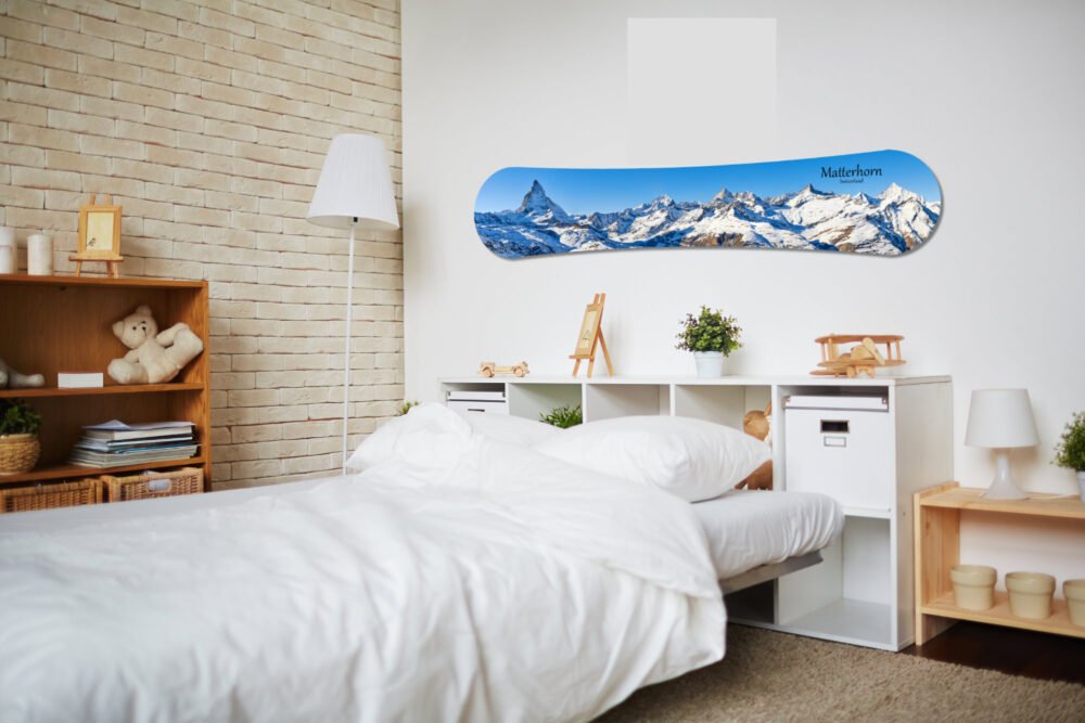Interior of bedroom in modern flat or house with a switzerland landscape