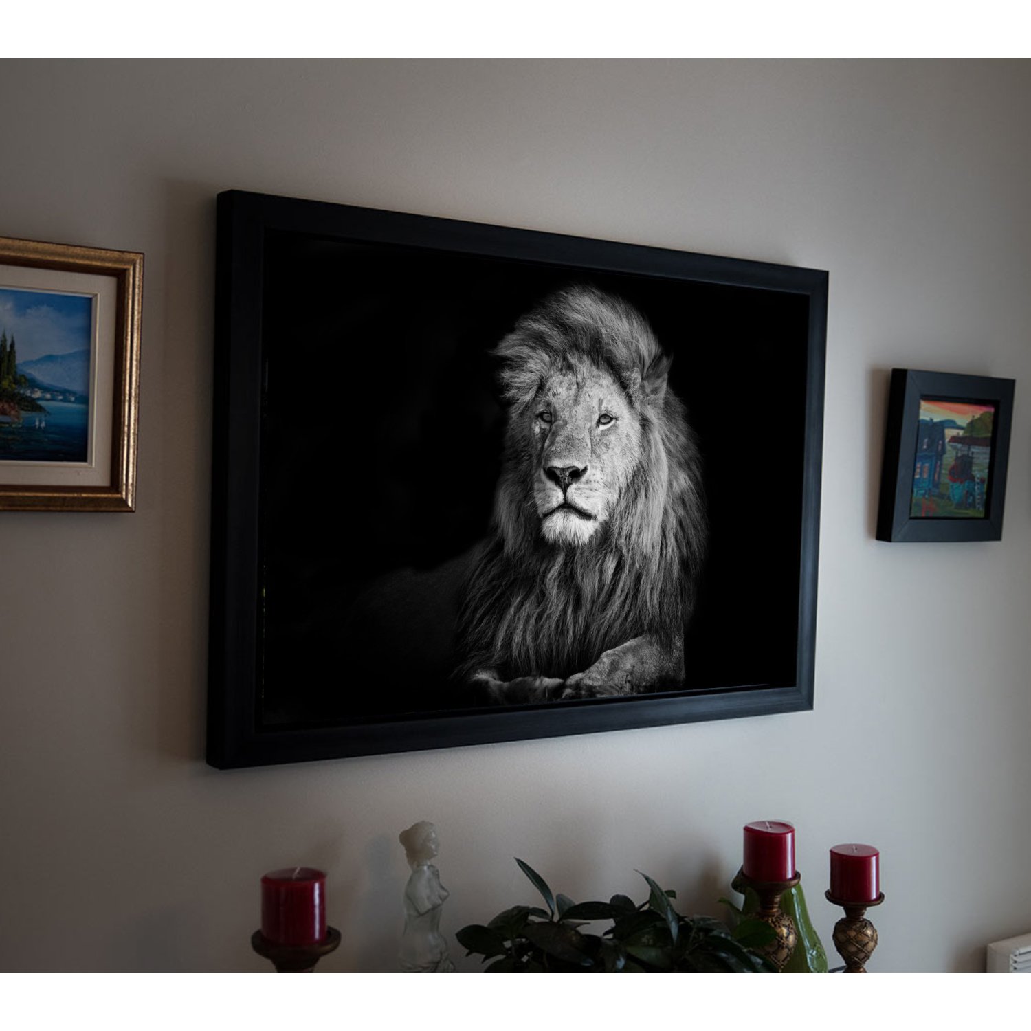 canvas of Kenyan savannah lion in black and white - framed canvas