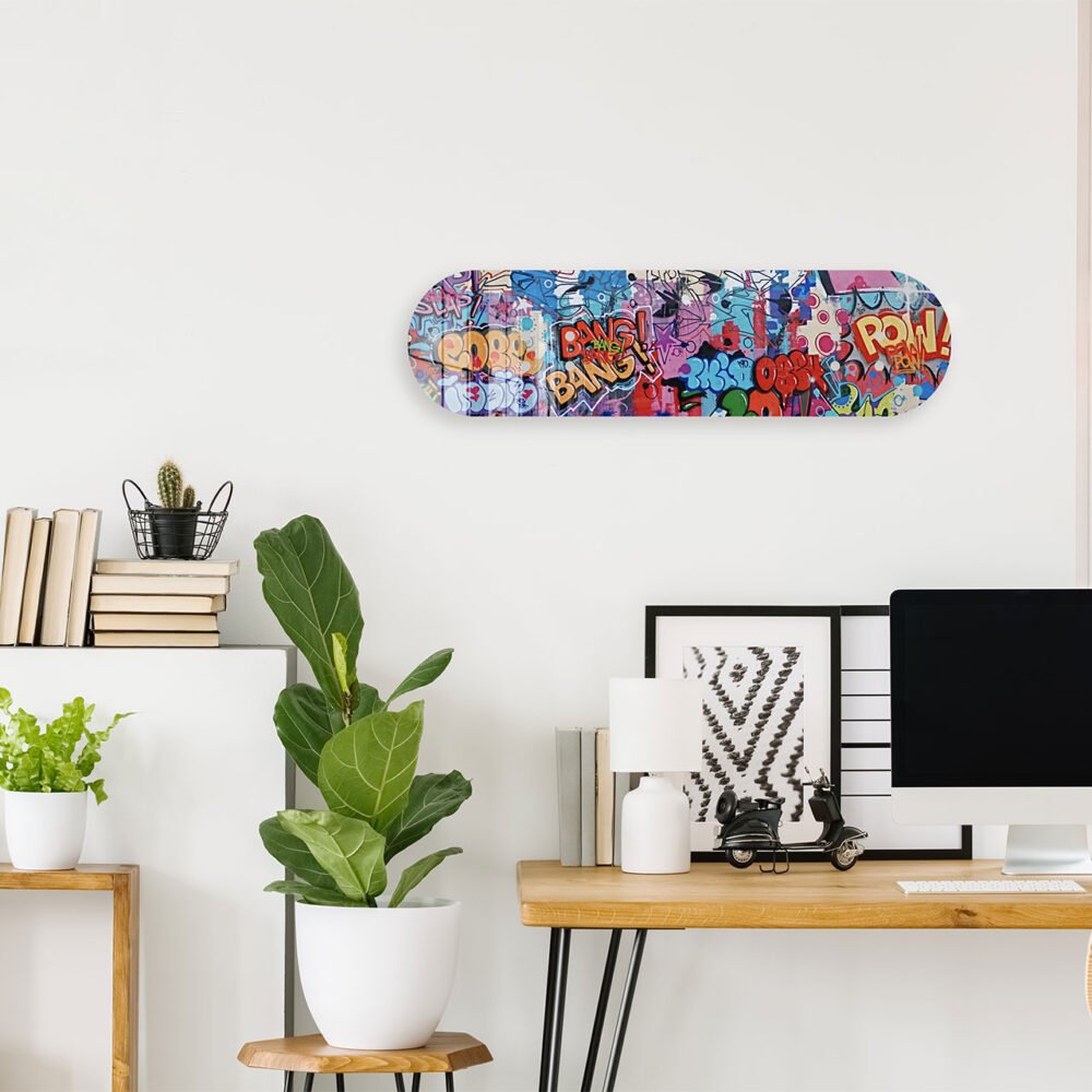 Custom acrylic skateboard print displayed on office wall — personalized photo wall art by PrintMyJourney
